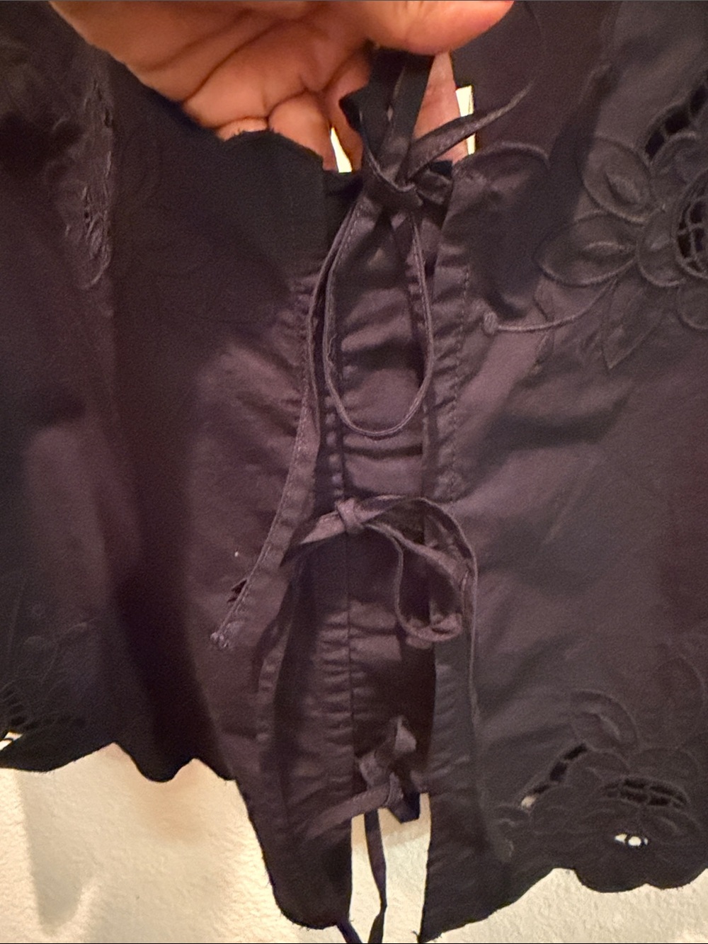 Black Scalloped Embroidered Tie-Front Boho-chic Festival Cottagecore - Picture 6 of 9